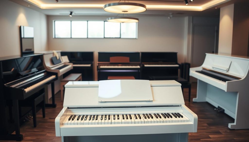 A well-lit showroom displaying an elegant arrangement of the latest digital pianos. In the foreground, a sleek, minimalist white piano takes center stage, its glossy surface reflecting the soft, warm lighting above. Behind it, a row of additional digital pianos in various styles and finishes, each showcasing its own unique design and features. The background is a tasteful, neutral-toned space, allowing the instruments to be the focal point. The overall atmosphere is one of sophistication and modernity, inviting the viewer to imagine the beautiful music that could be created on these cutting-edge digital pianos.