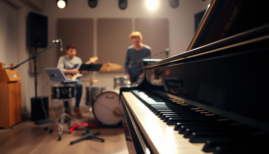 A well-lit studio scene with a grand piano positioned prominently in the foreground. The piano's keys are illuminated, inviting the viewer to imagine the music it could produce. Behind the piano, a group of musicians are gathered, each playing a different instrument - a guitarist, a drummer, and a keyboardist. The background is blurred, creating a sense of depth and focus on the central piano and musicians. The overall atmosphere is one of creative collaboration, capturing the essence of the "Comparatif express par scénario" section of the article. A well-lit studio scene with a grand piano positioned prominently in the foreground. The piano's keys are illuminated, inviting the viewer to imagine the music it could produce. Behind the piano, a group of musicians are gathered, each playing a different instrument - a guitarist, a drummer, and a keyboardist. The background is blurred, creating a sense of depth and focus on the central piano and musicians. The overall atmosphere is one of creative collaboration, capturing the essence of the "Comparatif express par scénario" section of the article.