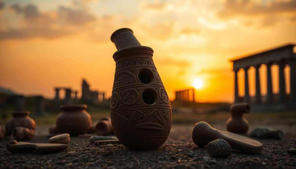 An ancient ocarina displayed prominently in the foreground, crafted from terracotta and intricately decorated with tribal patterns, showcasing its historical significance. Surrounding the ocarina are subtle artifacts from various cultures that have used it, such as clay pots and stone tools, adding context to its origin. The middle ground features a dusky sunset, casting warm golden and orange hues over the scene, evoking a sense of nostalgia and timelessness. In the background, silhouettes of ancient ruins can be seen against the sky, hinting at the civilizations that embraced the ocarina. The lighting is soft and diffused, creating a calm, reflective atmosphere. The image is captured from a slightly elevated angle to emphasize the depth of history and culture. The overall mood is one of reverence and exploration, inviting viewers to appreciate the ancient origins of this unique instrument. An ancient ocarina displayed prominently in the foreground, crafted from terracotta and intricately decorated with tribal patterns, showcasing its historical significance. Surrounding the ocarina are subtle artifacts from various cultures that have used it, such as clay pots and stone tools, adding context to its origin. The middle ground features a dusky sunset, casting warm golden and orange hues over the scene, evoking a sense of nostalgia and timelessness. In the background, silhouettes of ancient ruins can be seen against the sky, hinting at the civilizations that embraced the ocarina. The lighting is soft and diffused, creating a calm, reflective atmosphere. The image is captured from a slightly elevated angle to emphasize the depth of history and culture. The overall mood is one of reverence and exploration, inviting viewers to appreciate the ancient origins of this unique instrument.