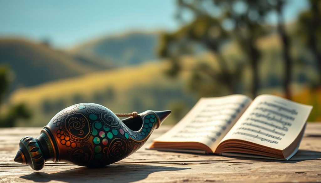 An intricately designed ocarina, showcasing its distinct shape and craftsmanship, rests prominently in the foreground. The body of the ocarina features a beautiful glaze with intricate patterns reflecting vibrant colors, catching the light subtly. In the middle ground, a small group of opened music sheets displays notation, suggesting the playful tunes that can be created with the instrument. In the background, a softly blurred natural landscape hints at the origins of the ocarina, with rolling hills and gentle sunlight filtering through trees, creating a serene and warm atmosphere. The lighting is soft and diffused, enhancing the enchanting qualities of the ocarina while evoking a sense of nostalgia and wonder. The overall mood is tranquil and inviting, perfect for illustrating its unique sound and functionality in music creation.