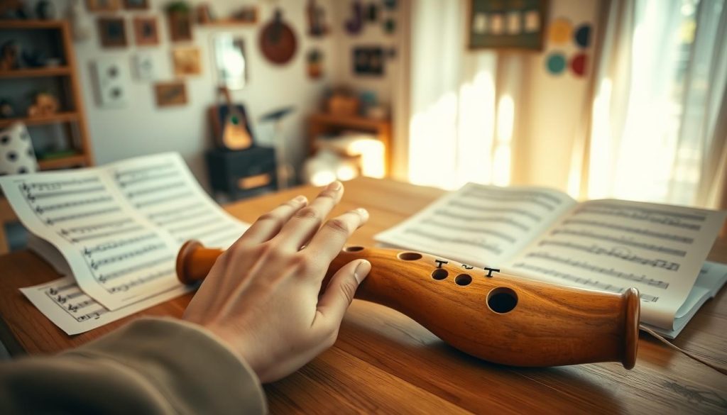 An ocarina lying on a wooden table, surrounded by sheet music featuring notations and finger diagrams. In the foreground, a pair of skilled hands of a person in modest casual clothing, demonstrating the proper finger placements over the holes of the ocarina, showcasing the playing technique. In the middle ground, a softly lit space with a warm atmosphere and natural sunlight streaming in through a nearby window, highlighting the gentle curves and smooth surface of the ocarina. The background features a blurred image of a cozy room adorned with music-related decorations, suggesting a creative environment for learning. The overall mood is inviting and educational, focusing on the beauty and functionality of the ocarina. An ocarina lying on a wooden table, surrounded by sheet music featuring notations and finger diagrams. In the foreground, a pair of skilled hands of a person in modest casual clothing, demonstrating the proper finger placements over the holes of the ocarina, showcasing the playing technique. In the middle ground, a softly lit space with a warm atmosphere and natural sunlight streaming in through a nearby window, highlighting the gentle curves and smooth surface of the ocarina. The background features a blurred image of a cozy room adorned with music-related decorations, suggesting a creative environment for learning. The overall mood is inviting and educational, focusing on the beauty and functionality of the ocarina.