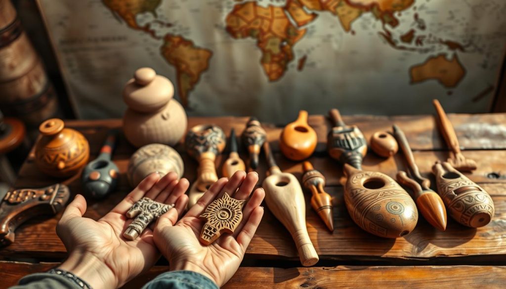 Ancient ocarinas from diverse cultures displayed on a rustic wooden table, showcasing various shapes and designs, such as traditional ceramic models from Mesoamerica and modern interpretations. In the foreground, a pair of hands, wearing modest casual clothing, gently holds an intricately carved ocarina, emphasizing craftsmanship. The middle ground features several ocarinas arranged artistically, each reflecting unique historical patterns and textures, with warm, natural lighting creating soft shadows that enhance their details. The background shows a blurred glimpse of a world map, symbolizing the global history of this wind instrument and its evolution. The overall mood is nostalgic and reflective, evoking a sense of discovery and appreciation for musical heritage. Ancient ocarinas from diverse cultures displayed on a rustic wooden table, showcasing various shapes and designs, such as traditional ceramic models from Mesoamerica and modern interpretations. In the foreground, a pair of hands, wearing modest casual clothing, gently holds an intricately carved ocarina, emphasizing craftsmanship. The middle ground features several ocarinas arranged artistically, each reflecting unique historical patterns and textures, with warm, natural lighting creating soft shadows that enhance their details. The background shows a blurred glimpse of a world map, symbolizing the global history of this wind instrument and its evolution. The overall mood is nostalgic and reflective, evoking a sense of discovery and appreciation for musical heritage.