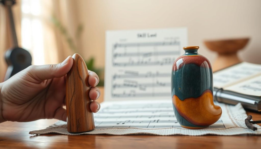 A beautifully arranged scene featuring two distinct ocarinas side by side, one made of polished wood and the other crafted from ceramic, subtly highlighting their differences. In the foreground, a hand gently holds a wooden ocarina, showcasing its intricate grain and warm tones, while the ceramic ocarina, with its smooth surface and vibrant glaze, rests on a decorative cloth. In the middle ground, a blurred sheet of music suggests different skill levels, reinforcing the theme of selection based on proficiency. The background is a soft-focus music room setting with warm, diffuse lighting, creating an inviting and calm atmosphere. The composition should evoke a sense of exploration and connection to music, emphasizing the ocarina as an instrument for all skill levels. A beautifully arranged scene featuring two distinct ocarinas side by side, one made of polished wood and the other crafted from ceramic, subtly highlighting their differences. In the foreground, a hand gently holds a wooden ocarina, showcasing its intricate grain and warm tones, while the ceramic ocarina, with its smooth surface and vibrant glaze, rests on a decorative cloth. In the middle ground, a blurred sheet of music suggests different skill levels, reinforcing the theme of selection based on proficiency. The background is a soft-focus music room setting with warm, diffuse lighting, creating an inviting and calm atmosphere. The composition should evoke a sense of exploration and connection to music, emphasizing the ocarina as an instrument for all skill levels.