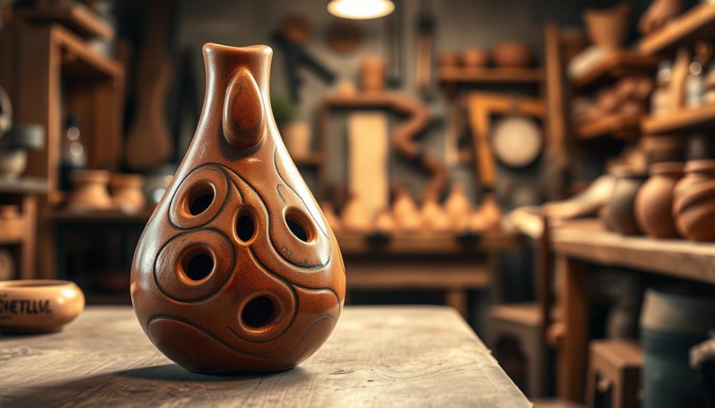 A beautifully crafted artisanal terracotta ocarina sits prominently in the foreground, showcasing its intricate designs and earthy textures. The ocarina features a smooth, rounded shape with several finger holes, and is artistically glazed with rich, natural colors, reflecting the light. In the middle ground, a rustic wooden table adds warmth to the scene, with soft light illuminating the ocarina from a single, natural source, casting gentle shadows. The background is softly blurred, depicting a cozy workshop filled with tools and clay, enhancing the artisanal atmosphere. The overall mood is inviting and serene, celebrating the craftsmanship of this unique musical instrument, suitable for readers to appreciate its beauty and sound.