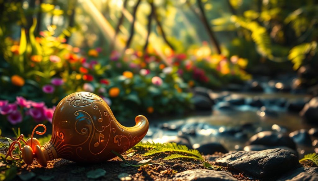 A beautifully crafted, enchanted ocarina, elegantly shaped with intricate carvings and a glossy finish, sits in the foreground, reflecting soft, dappled sunlight. The ocarina's curves resemble flowing musical notes, symbolizing its melodic nature. In the middle ground, a lush, vibrant forest filled with colorful flowers and green ferns creates a magical atmosphere, with wisps of ethereal light streaming through the leaves. The background features a gentle, flowing stream that adds serenity to the scene, bordered by rocks and more foliage. Use soft, warm lighting to evoke an enchanting mood, capturing the essence of music and magic. A shallow depth of field brings the ocarina into sharp focus while softly blurring the enchanting natural surroundings, inviting the viewer into a whimsical world of sound and beauty. A beautifully crafted, enchanted ocarina, elegantly shaped with intricate carvings and a glossy finish, sits in the foreground, reflecting soft, dappled sunlight. The ocarina's curves resemble flowing musical notes, symbolizing its melodic nature. In the middle ground, a lush, vibrant forest filled with colorful flowers and green ferns creates a magical atmosphere, with wisps of ethereal light streaming through the leaves. The background features a gentle, flowing stream that adds serenity to the scene, bordered by rocks and more foliage. Use soft, warm lighting to evoke an enchanting mood, capturing the essence of music and magic. A shallow depth of field brings the ocarina into sharp focus while softly blurring the enchanting natural surroundings, inviting the viewer into a whimsical world of sound and beauty.