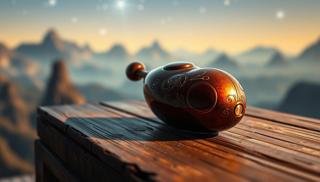 A beautifully crafted ocarina inspired by Tapion from Dragon Ball, resting on a worn wooden table. The ocarina has intricate designs, including engravings and a glossy finish that catches the light. In the foreground, delicate shadows emphasize its three-dimensional shape. In the background, hints of a mystical landscape inspired by the Dragon Ball universe emerge, with soft, blurred shapes of mountains and a starry sky. The lighting is warm, creating an enchanting atmosphere that evokes nostalgia and adventure. The angle captures the ocarina from a slight elevation, making it the focal point while hinting at its significance in the story. The mood is whimsical and magical, inviting viewers into the world of Dragon Ball. A beautifully crafted ocarina inspired by Tapion from Dragon Ball, resting on a worn wooden table. The ocarina has intricate designs, including engravings and a glossy finish that catches the light. In the foreground, delicate shadows emphasize its three-dimensional shape. In the background, hints of a mystical landscape inspired by the Dragon Ball universe emerge, with soft, blurred shapes of mountains and a starry sky. The lighting is warm, creating an enchanting atmosphere that evokes nostalgia and adventure. The angle captures the ocarina from a slight elevation, making it the focal point while hinting at its significance in the story. The mood is whimsical and magical, inviting viewers into the world of Dragon Ball.