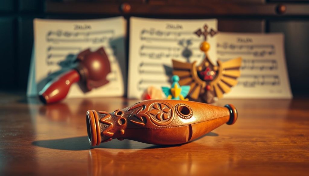 A beautifully crafted ocarina on a polished wooden table, elegantly showcasing various sizes and colors to represent different skill levels. In the foreground, focus on a medium-sized, earthenware ocarina, richly textured with intricate carvings. In the middle ground, a smaller, brightly-colored ocarina sits beside a larger, more ornate model, reflecting an artist’s variety. The background softly blurred features sheet music with Zelda themes, adding context without distraction. The lighting is warm and inviting, highlighting the instruments' glossy finishes with gentle reflections. Use a shallow depth of field for a dreamy atmosphere, emphasizing the ocarinas while softening the surrounding details, creating an enchanting mood suitable for aspiring musicians. A beautifully crafted ocarina on a polished wooden table, elegantly showcasing various sizes and colors to represent different skill levels. In the foreground, focus on a medium-sized, earthenware ocarina, richly textured with intricate carvings. In the middle ground, a smaller, brightly-colored ocarina sits beside a larger, more ornate model, reflecting an artist’s variety. The background softly blurred features sheet music with Zelda themes, adding context without distraction. The lighting is warm and inviting, highlighting the instruments' glossy finishes with gentle reflections. Use a shallow depth of field for a dreamy atmosphere, emphasizing the ocarinas while softening the surrounding details, creating an enchanting mood suitable for aspiring musicians.