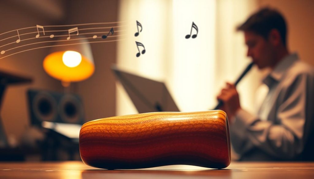 A beautifully crafted wooden ocarina prominently displayed in the foreground, showcasing its unique shape and rich color variations. The ocarina is positioned at a tilted angle to capture the light reflecting off its smooth surface, emphasizing the intricate grain patterns. In the middle ground, blurred musical notes float in the air, symbolizing the quality of sound it produces—suggesting timbre, projection, and precision. The background features soft, warm lighting, creating an inviting atmosphere reminiscent of a tranquil music studio. A faint silhouette of a musician can be seen on the side, absorbed in playing an ocarina, enhancing the mood of creativity and artistry. The image is captured with a slight depth of field to highlight the ocarina while softly fading the background. A beautifully crafted wooden ocarina prominently displayed in the foreground, showcasing its unique shape and rich color variations. The ocarina is positioned at a tilted angle to capture the light reflecting off its smooth surface, emphasizing the intricate grain patterns. In the middle ground, blurred musical notes float in the air, symbolizing the quality of sound it produces—suggesting timbre, projection, and precision. The background features soft, warm lighting, creating an inviting atmosphere reminiscent of a tranquil music studio. A faint silhouette of a musician can be seen on the side, absorbed in playing an ocarina, enhancing the mood of creativity and artistry. The image is captured with a slight depth of field to highlight the ocarina while softly fading the background.