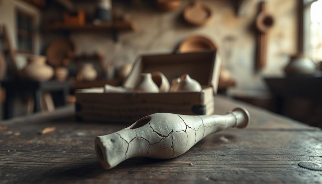 A delicate, cracked ceramic ocarina resting on a weathered wooden table, showcasing its intricate artistic details and subtle imperfections. In the foreground, soft natural light highlights the fragility of the piece, casting gentle shadows that accentuate the fine fissures. In the middle ground, a partially opened artisan-made box reveals more fragile ceramic instruments, evoking a sense of vulnerability. The background features a blurred, rustic workshop with muted earthy tones, enhancing the atmosphere of craftsmanship and care. The overall mood is contemplative and poignant, emphasizing the beauty and limitations of ceramic instruments. Capture the image from a slightly elevated angle to focus on the textures while maintaining a soft depth of field.