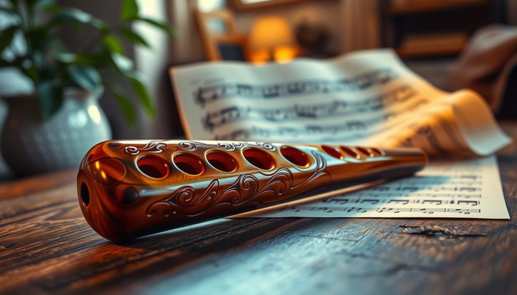 A detailed depiction of a twelve-hole ocarina, elegantly placed on a rustic wooden table, showcasing its intricate carvings and vibrant glazes. In the foreground, the ocarina is positioned slightly to the left, glinting under soft, warm lighting that highlights its curves and textures. The middle background features a sheet of intricate musical tablature, elegantly rolled out beside the instrument, with notes and instructional markings clearly visible. The backdrop features a blurred, cozy room environment with subtle hints of green foliage, evoking a sense of peace and creativity. The overall atmosphere feels inviting and inspiring, capturing the essence of music-making in a serene setting, ideal for appreciating the artistry of the ocarina. A detailed depiction of a twelve-hole ocarina, elegantly placed on a rustic wooden table, showcasing its intricate carvings and vibrant glazes. In the foreground, the ocarina is positioned slightly to the left, glinting under soft, warm lighting that highlights its curves and textures. The middle background features a sheet of intricate musical tablature, elegantly rolled out beside the instrument, with notes and instructional markings clearly visible. The backdrop features a blurred, cozy room environment with subtle hints of green foliage, evoking a sense of peace and creativity. The overall atmosphere feels inviting and inspiring, capturing the essence of music-making in a serene setting, ideal for appreciating the artistry of the ocarina.