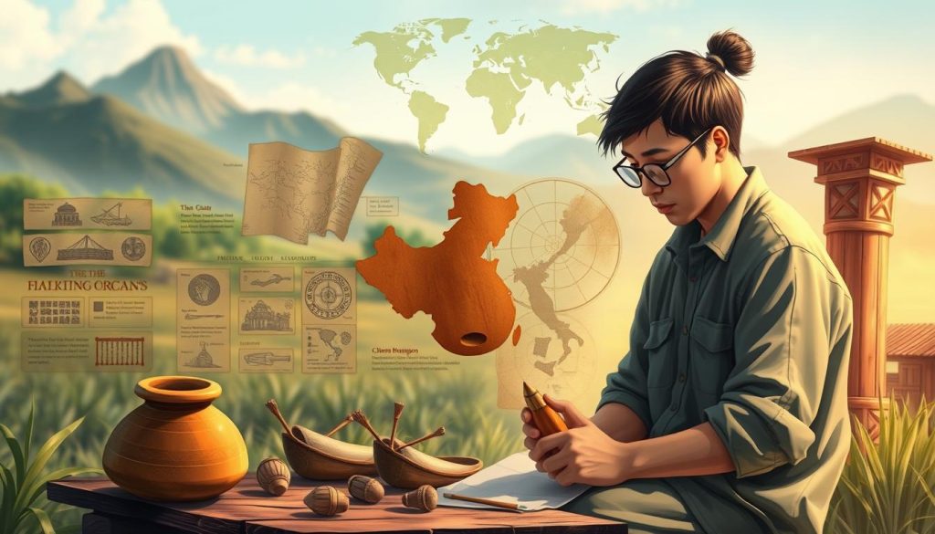 A detailed illustration showcasing the historical origins of the ocarina, featuring three prominent designs from different cultures: a traditional Mesoamerican clay ocarina, a classic Italian shaped ocarina, and an ancient Chinese version made of bamboo. In the foreground, a skillful artisan is seen crafting an ocarina, wearing modest casual clothing, focused and immersed in the process. The middle ground depicts various historical artifacts and maps showcasing the journey of the ocarina through time and geography, with soft ambient lighting highlighting their textures. The background features a soft-focus natural landscape that evokes different cultural settings, such as the mountains of China, the plains of Mesoamerica, and the rustic Italian countryside. The mood is nostalgic and educational, inviting viewers to explore the rich history of this unique instrument. A detailed illustration showcasing the historical origins of the ocarina, featuring three prominent designs from different cultures: a traditional Mesoamerican clay ocarina, a classic Italian shaped ocarina, and an ancient Chinese version made of bamboo. In the foreground, a skillful artisan is seen crafting an ocarina, wearing modest casual clothing, focused and immersed in the process. The middle ground depicts various historical artifacts and maps showcasing the journey of the ocarina through time and geography, with soft ambient lighting highlighting their textures. The background features a soft-focus natural landscape that evokes different cultural settings, such as the mountains of China, the plains of Mesoamerica, and the rustic Italian countryside. The mood is nostalgic and educational, inviting viewers to explore the rich history of this unique instrument.