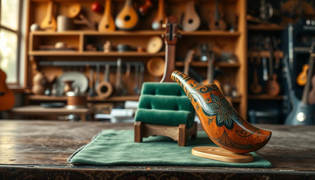 A high-end artisanal ocarina, beautifully crafted from polished clay, sits prominently in the foreground, showcasing intricate designs and vibrant colors that reflect the craftsmanship. The middle ground features an elegant wooden display stand, adorned with soft green velvet fabric, highlighting the ocarina's curves and detailing. In the background, a warm, softly lit workshop ambiance is visible, with shelves filled with various musical instruments and tools of the trade, creating a sense of depth and artistry. The lighting is soft and diffused, casting gentle shadows that enhance the textures of the ocarina. This serene scene evokes a mood of creativity and passion for music, inviting seasoned players to appreciate the beauty and luxury of this unique instrument. A high-end artisanal ocarina, beautifully crafted from polished clay, sits prominently in the foreground, showcasing intricate designs and vibrant colors that reflect the craftsmanship. The middle ground features an elegant wooden display stand, adorned with soft green velvet fabric, highlighting the ocarina's curves and detailing. In the background, a warm, softly lit workshop ambiance is visible, with shelves filled with various musical instruments and tools of the trade, creating a sense of depth and artistry. The lighting is soft and diffused, casting gentle shadows that enhance the textures of the ocarina. This serene scene evokes a mood of creativity and passion for music, inviting seasoned players to appreciate the beauty and luxury of this unique instrument.