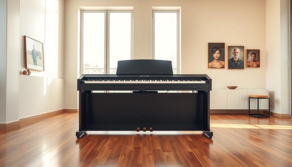 A high-quality digital piano in a sleek, modern showroom in France. The instrument is prominently displayed on a glossy hardwood floor, bathed in warm, natural lighting from large windows. The background features a minimalist, contemporary decor with subtle accent pieces, creating a refined, upscale atmosphere. The piano's finish and design elements are clearly visible, showcasing its craftsmanship and premium quality. The scene conveys a sense of sophistication and invites the viewer to imagine the piano as the centerpiece of a stylish home or performance space. A high-quality digital piano in a sleek, modern showroom in France. The instrument is prominently displayed on a glossy hardwood floor, bathed in warm, natural lighting from large windows. The background features a minimalist, contemporary decor with subtle accent pieces, creating a refined, upscale atmosphere. The piano's finish and design elements are clearly visible, showcasing its craftsmanship and premium quality. The scene conveys a sense of sophistication and invites the viewer to imagine the piano as the centerpiece of a stylish home or performance space.
