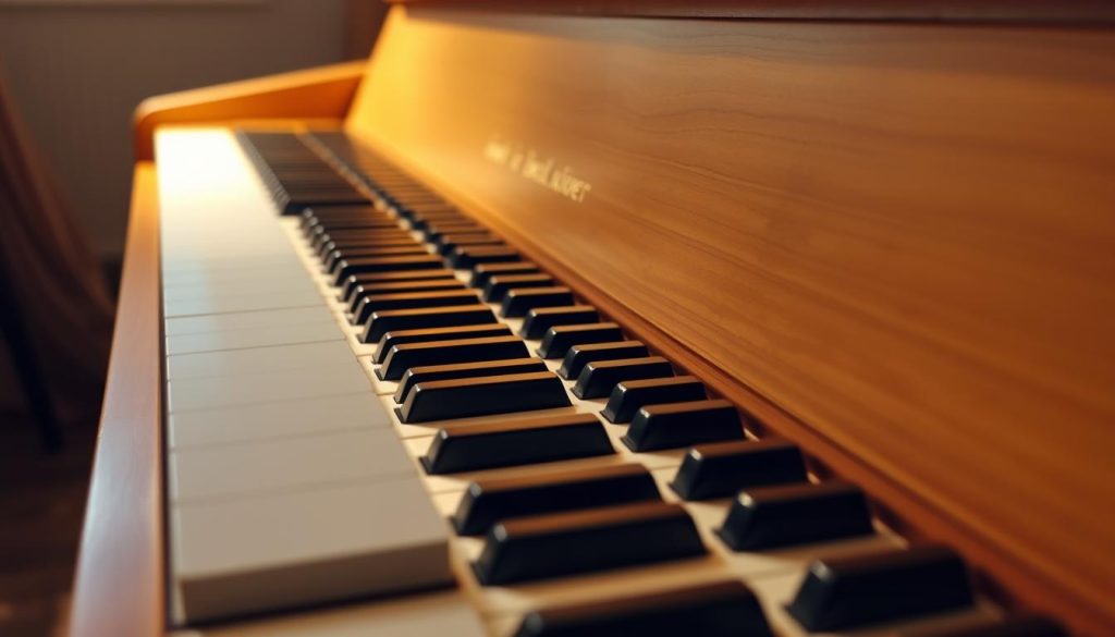 A high-quality digital piano with a realistic, weighted 88-key keyboard that faithfully emulates the touch and feel of an acoustic piano. The keys are smooth, responsive, and provide the perfect balance of resistance and rebound, allowing for nuanced and expressive playing. The keyboard is the centerpiece, framed by a sleek, minimalist design in a warm, natural wood finish that complements any interior. Soft, directional lighting illuminates the keys, creating a cozy, inviting ambiance. The piano is captured from a slightly low angle, emphasizing the craftsmanship and attention to detail in the keyboard mechanism and overall construction. A high-quality digital piano with a realistic, weighted 88-key keyboard that faithfully emulates the touch and feel of an acoustic piano. The keys are smooth, responsive, and provide the perfect balance of resistance and rebound, allowing for nuanced and expressive playing. The keyboard is the centerpiece, framed by a sleek, minimalist design in a warm, natural wood finish that complements any interior. Soft, directional lighting illuminates the keys, creating a cozy, inviting ambiance. The piano is captured from a slightly low angle, emphasizing the craftsmanship and attention to detail in the keyboard mechanism and overall construction.