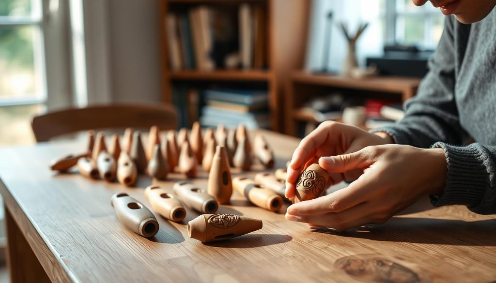 A serene wooden table displaying a variety of clay ocarinas in different shapes and colors, emphasizing their artistic craftsmanship. In the foreground, a pair of hands thoughtfully examines a small, intricately decorated ocarina, demonstrating the process of choosing the right model for musical practice. The middle ground features more ocarinas grouped by size, texture, and hue, illustrating the variety available to musicians. Soft, natural lighting filters through a nearby window, casting gentle shadows and highlighting the earthy tones of the clay instruments. The background includes a blurred shelf lined with musical books and accessories, creating a cozy, inviting atmosphere. The overall mood is one of contemplation and creativity, perfect for a musician's selection process.