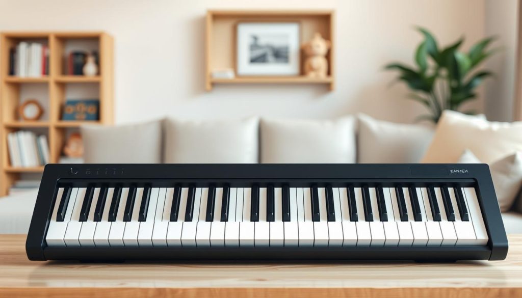 A sleek, modern digital piano in a minimalist home interior. The instrument is featured prominently in the foreground, with a warm, soft lighting illuminating its ebony-colored keys and slim profile. The piano is placed atop a wooden table or desk, creating a clean, uncluttered composition. The background is blurred, hinting at a cozy, inviting living space, with subtle details like a bookshelf or a potted plant adding to the welcoming atmosphere. The overall scene conveys a sense of simplicity, elegance, and the perfect setup for a budding musician to begin their piano journey. A sleek, modern digital piano in a minimalist home interior. The instrument is featured prominently in the foreground, with a warm, soft lighting illuminating its ebony-colored keys and slim profile. The piano is placed atop a wooden table or desk, creating a clean, uncluttered composition. The background is blurred, hinting at a cozy, inviting living space, with subtle details like a bookshelf or a potted plant adding to the welcoming atmosphere. The overall scene conveys a sense of simplicity, elegance, and the perfect setup for a budding musician to begin their piano journey.