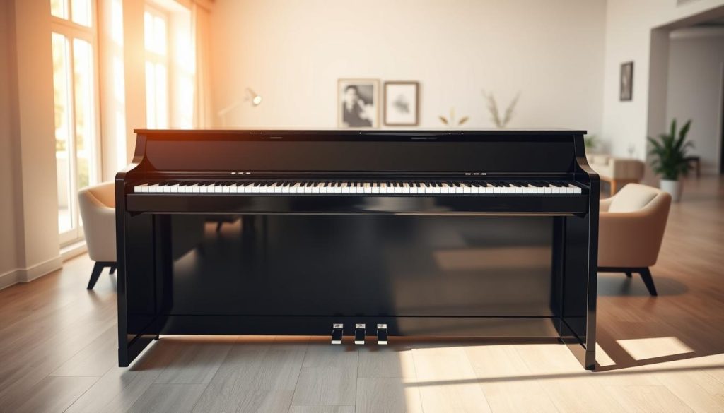 A well-lit, spacious room with warm, natural lighting filtering through large windows. In the foreground, a sleek and contemporary digital piano stands prominently, its polished ebony finish reflecting the soft illumination. The piano is positioned in the center of the frame, allowing ample space around it for easy access and movement. The middle ground features minimalist, tasteful furniture - a couch, a few armchairs, and a low, wooden coffee table, creating a harmonious and inviting living area. In the background, subtle wall decor, such as framed artwork or plants, adds depth and character to the scene. The overall atmosphere is one of sophisticated elegance, perfectly suited for an article on choosing a high-quality digital piano for one's home. A well-lit, spacious room with warm, natural lighting filtering through large windows. In the foreground, a sleek and contemporary digital piano stands prominently, its polished ebony finish reflecting the soft illumination. The piano is positioned in the center of the frame, allowing ample space around it for easy access and movement. The middle ground features minimalist, tasteful furniture - a couch, a few armchairs, and a low, wooden coffee table, creating a harmonious and inviting living area. In the background, subtle wall decor, such as framed artwork or plants, adds depth and character to the scene. The overall atmosphere is one of sophisticated elegance, perfectly suited for an article on choosing a high-quality digital piano for one's home.