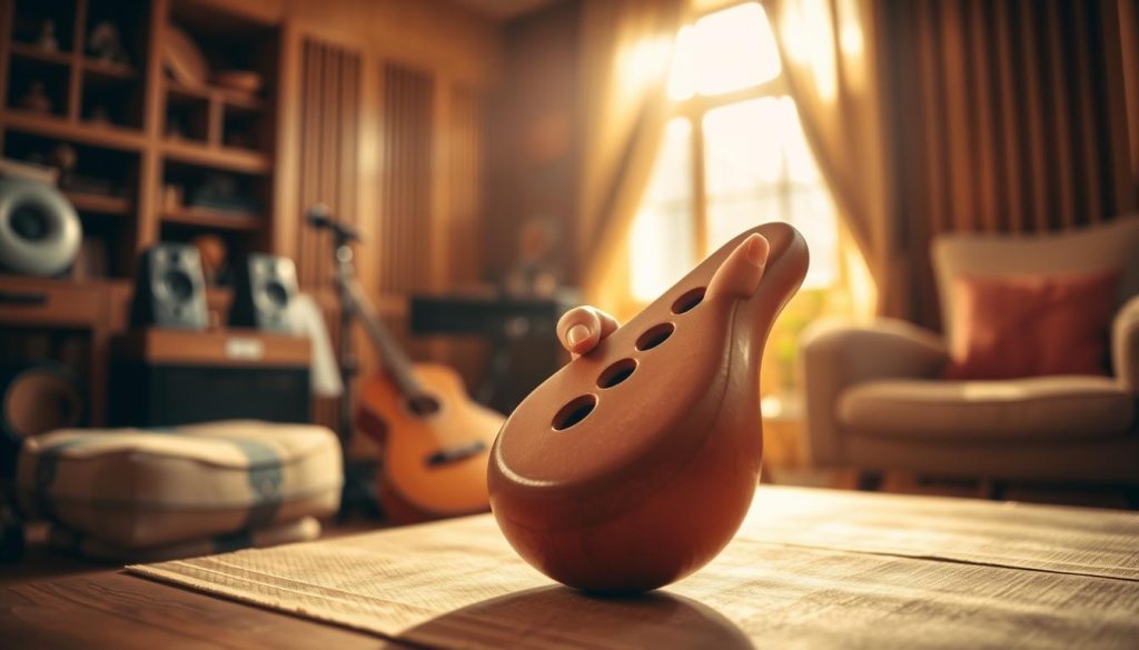 An elegantly crafted ocarina made of terracotta, positioned prominently in the foreground, showcasing its intricate detailing and natural earthy tones. The middle layer features a soft focus on a pair of skilled hands gently holding the ocarina, fingers positioned skillfully over the holes, emphasizing precision in playing. In the background, a serene music studio ambiance with warm lighting creates an inviting atmosphere, highlighting wood textures and soft fabric furnishings. Light filters through a nearby window, adding a golden hue that enhances the mood of creativity and tranquility. The scene conveys a sense of dedication to preserving sound quality and musical authenticity, inviting viewers to appreciate the beauty and craftsmanship of this ancient instrument.