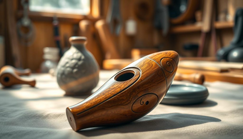An elegantly crafted wooden ocarina displayed prominently in the foreground, showcasing its smooth, polished surface and intricate carvings. The ocarina is positioned on a textured cloth, emphasizing its craftsmanship and natural beauty. In the middle ground, a contrasting ceramic ocarina partially visible, highlighting the differences in material texture and construction. The background features a softly blurred wooden workshop setting, with tools and natural light streaming in, creating a warm, inviting atmosphere. Soft shadows play across the scene, enhancing the visual depth. The overall mood is serene and focused, drawing attention to the durability and shock resistance of the wooden ocarina against the backdrop of its ceramic counterpart. An elegantly crafted wooden ocarina displayed prominently in the foreground, showcasing its smooth, polished surface and intricate carvings. The ocarina is positioned on a textured cloth, emphasizing its craftsmanship and natural beauty. In the middle ground, a contrasting ceramic ocarina partially visible, highlighting the differences in material texture and construction. The background features a softly blurred wooden workshop setting, with tools and natural light streaming in, creating a warm, inviting atmosphere. Soft shadows play across the scene, enhancing the visual depth. The overall mood is serene and focused, drawing attention to the durability and shock resistance of the wooden ocarina against the backdrop of its ceramic counterpart.
