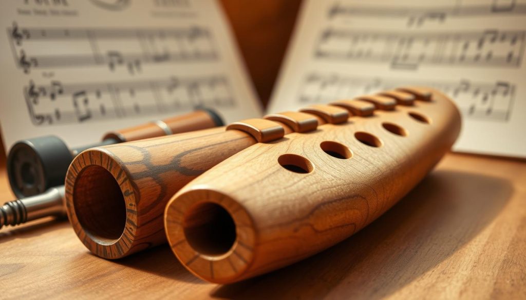 An ocarina made of wood, intricately crafted with visible wood grain patterns, showcasing its tessitura and tuning intricacies. In the foreground, highlight the mouthpiece and finger holes, emphasizing their arrangement and function, demonstrating the number of holes suitable for diverse musical expressions. The middle ground features tools used for tuning the ocarina, like a tuner and a pitch pipe. The background includes sheet music softly blurred out to suggest the musical context. The lighting is warm and inviting, coming from a soft natural source, creating gentle shadows that enhance the textures. The atmosphere is serene and reflective, evoking a sense of craftsmanship and artistry associated with the wooden ocarina. Shot at an angle that invites the viewer into the scene, mimicking a cozy and intimate workshop setting. An ocarina made of wood, intricately crafted with visible wood grain patterns, showcasing its tessitura and tuning intricacies. In the foreground, highlight the mouthpiece and finger holes, emphasizing their arrangement and function, demonstrating the number of holes suitable for diverse musical expressions. The middle ground features tools used for tuning the ocarina, like a tuner and a pitch pipe. The background includes sheet music softly blurred out to suggest the musical context. The lighting is warm and inviting, coming from a soft natural source, creating gentle shadows that enhance the textures. The atmosphere is serene and reflective, evoking a sense of craftsmanship and artistry associated with the wooden ocarina. Shot at an angle that invites the viewer into the scene, mimicking a cozy and intimate workshop setting.