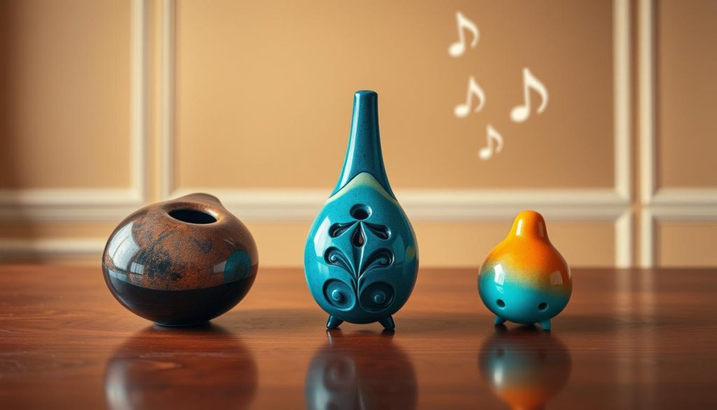 In a softly lit, warm-toned studio, showcase three distinct ocarinas arranged on a polished wooden table: a bass ocarina, an alto ocarina, and a soprano ocarina. The bass ocarina is larger, with deep, rich glazes reflecting earthy tones. The alto is medium-sized, showcasing vibrant colors like teal and turquoise, while the soprano is smaller, gleaming with bright, playful hues. Each ocarina should have intricate carvings and be positioned to exhibit their unique shapes and sizes. In the background, softly blurred, there are musical notes floating gently, symbolizing their melodic capabilities. The atmosphere is inviting and serene, inviting viewers to appreciate the varied textures and craftsmanship, implying a depth of sound each instrument can produce. The perspective should be slightly angled from above to highlight the ocarinas' details and create a sense of depth. In a softly lit, warm-toned studio, showcase three distinct ocarinas arranged on a polished wooden table: a bass ocarina, an alto ocarina, and a soprano ocarina. The bass ocarina is larger, with deep, rich glazes reflecting earthy tones. The alto is medium-sized, showcasing vibrant colors like teal and turquoise, while the soprano is smaller, gleaming with bright, playful hues. Each ocarina should have intricate carvings and be positioned to exhibit their unique shapes and sizes. In the background, softly blurred, there are musical notes floating gently, symbolizing their melodic capabilities. The atmosphere is inviting and serene, inviting viewers to appreciate the varied textures and craftsmanship, implying a depth of sound each instrument can produce. The perspective should be slightly angled from above to highlight the ocarinas' details and create a sense of depth.